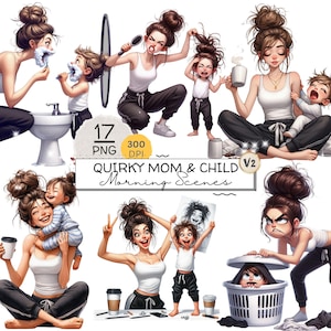 Clipart matin original maman et enfant, jolie mère et son enfant, ensemble PNG vie de maman, clipart routine du matin en famille pour travaux manuels et sublimation