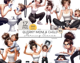 Quirky Mom and Child Morning Clipart, Cute Mother and Kid, Mom Life PNG Bundle, Family Morning Routine Clipart for Crafts & Sublimation
