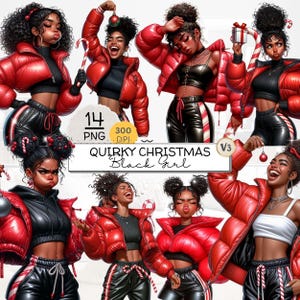 Quirky Christmas Black Girl Clipart, Urban Holiday Afrocentric, Quirky Black Woman, Funny Festive Puffer Jacket, Stickers, Sublimation