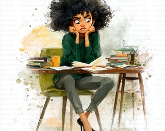 Funny Reading Black Woman Jpeg Clipart Cozy, Book Lover Afro Woman, Quirky Woman Writing,  Journaling Girl, Crafts, Projects