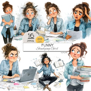 Funny Studying Girl Clipart Bundle, Back to School Illustrations for School Projects, JPEG Scrapbook