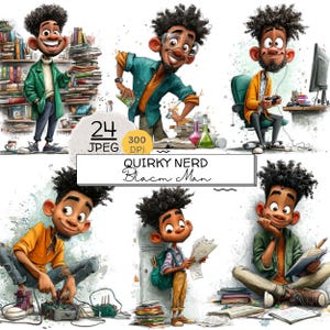 Nerdiger schwarzer Mann Clipart JPG-Bundle, Geekiger Student, Schrulliger schwarzer Teenager, Sublimations-Charaktergrafik