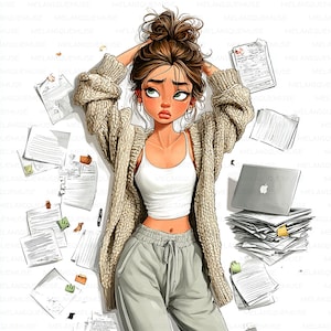 Peut inclure: Illustration numérique d'une femme aux cheveux bruns en chignon, vêtue d'un débardeur blanc, d'un cardigan beige et d'un pantalon de survêtement gris. Elle est entourée de papiers et d'un ordinateur portable, avec une expression stressée. Le texte "MELANIQUEMUSE" est présent.