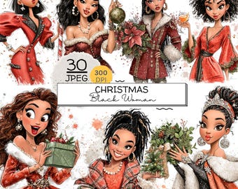 May include: A digital illustration set featuring seven diverse characters in festive red and green holiday attire, including dresses, coats, and accessories. The image includes text labels reading 30 JPEG, 300 DPI, and CHRISTMAS Black Woman.