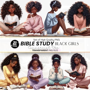 Black Girl Clipart for Prayer Journal & Bible Study Journal, Bible Cover, Black Girl Reading, Bible Study Guide, African American Clipart
