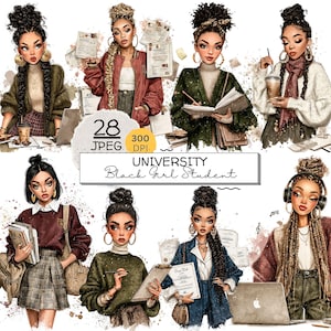 Può includere: Un set di illustrazioni digitali raffigurante otto diverse studentesse nere in vari contesti universitari, che indossano maglioni, blazer e gonne a quadri, tenendo libri, computer e documenti, con il testo 28 JPEG 300 DPI UNIVERSITY Black Girl Student.