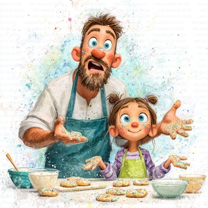 Peut inclure: Illustration fantaisiste d'un père et de sa fille préparant des biscuits. Tous deux sont couverts de vermicelles colorés, le père portant un tablier bleu et la fille un tablier vert. Des biscuits et des bols sont sur la table.