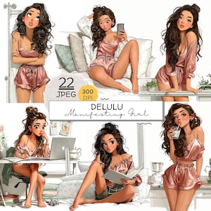 Puede incluir: Ilustración digital de una mujer en varias poses, vestida con un conjunto de pijama de satén rosa. La imagen incluye el texto "DELULU Manifesting Girl" y detalles sobre el tipo de archivo y la resolución.