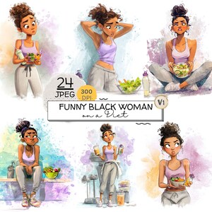 Pode incluir: Ilustração digital de uma mulher negra em várias poses, todas centradas no tema da dieta. A mulher está vestindo um top roxo claro e calças de moletom cinza, segurando salada e bebidas. O texto "FUNNY BLACK WOMAN on a Diet" também está presente.