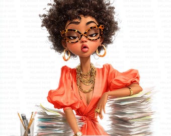 Witzige Büroangestellte Clipart Illustrationen schwarze Frau, Afro Mädchen, Planer Aufkleber und Sublimation JPEG Projekte