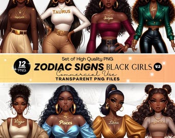 Black Girl Zodiacs Clipart Bundle, Horoscope Signs PNG, Astrological Watercolor ClipArt, AfroAmerican Girl Zodiacs, Zodiac Sublimation PNG