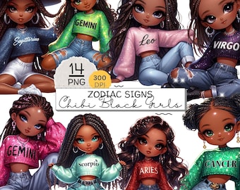Black girl Zodiac PNG African American Zodiac Bundle Set of 12 Clipart Astrology Horoscope Urban Hip hop African American Melanin Afro