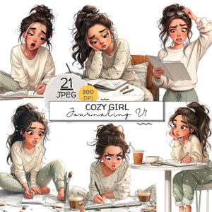 Pode incluir: Ilustrações digitais de uma jovem a escrever num diário, em várias poses e expressões. Ela está a usar um pijama. O texto "COZY GIRL Journaling V1" também está presente. Estilo acolhedor e descontraído.