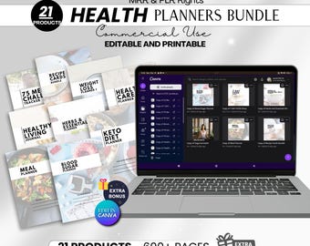 Health and Fitness Planner Bundle, Fitness Journal, Diet, Workout Trackers, Meal planner, Editable Canva Template, Weight Loss Planner, PLR