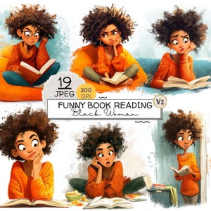 Könnte beinhalten: Digitale Illustration einer schwarzen Frau mit lockigem Haar in verschiedenen Posen beim Lesen eines Buches. Sie trägt einen orangefarbenen Pullover und ist von Büchern und Snacks umgeben. Das Bild enthält den Text "FUNNY BOOK READING Black Woman."