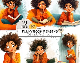 Black Girl Reading Jpeg Clipart Bundle, Cozy Book Lover for Journaling, Quirky Black Woman Clipart, Afro Girl, Scrapbooking, Sublimation