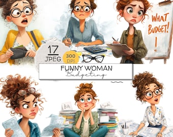 Quirky Budgeting Woman Jpeg Clipart, Funny Money Management, Financial Planning, Saving Woman, Projects, Crafts