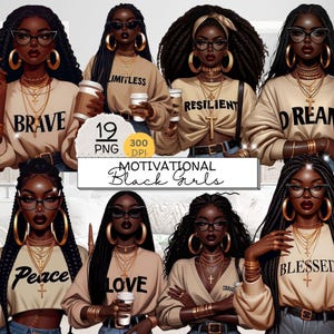 19 Black Girl Motivation clipart bundle, inspirational Fashionable Girl Graphics, afro girl clipart, denim girl clipart, black girl graphics