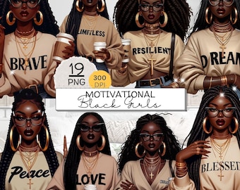 19 Black Girl Motivation clipart bundle, inspirational Fashionable Girl Graphics, afro girl clipart, denim girl clipart, black girl graphics