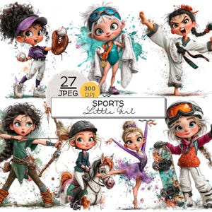 Pode incluir: Um conjunto de ilustrações digitais apresentando sete personagens de desenho animado praticando vários esportes, incluindo beisebol, natação, artes marciais, arco e flecha, equitação, balé e snowboard, com o texto 27 JPEG 300 DPI SPORTS Little Girl.