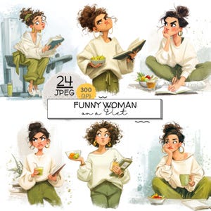 Pode incluir: Ilustração digital de uma mulher em várias poses, usando um suéter branco e calças verde-oliva. A imagem inclui o texto "FUNNY WOMAN on a Diet". A mulher está segurando livros, frutas e bebidas.