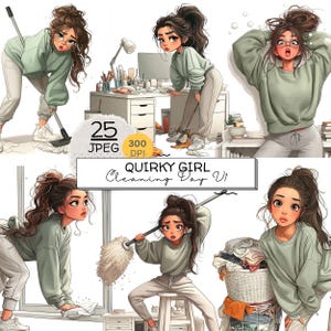 Könnte beinhalten: Eine digitale Illustration mit einem Cartoon-Mädchen in verschiedenen Reinigungsposen. Sie trägt einen grünen Pullover und graue Jogginghosen. Das Bild enthält den Text "Quirky Girl Cleaning Day V1". Das Bild enthält auch den Text "25 JPEG 300 DPI".