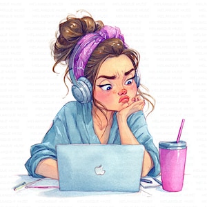 Può includere: Illustrazione ad acquerello di una donna con cuffie, un foulard viola e un accappatoio blu, che sembra frustrata mentre lavora su un laptop. Un bicchiere rosa con una cannuccia è accanto al laptop.