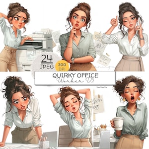 以下が含まれることがあります： オフィス環境の女性のデジタルイラスト。画像は、水色のシャツとベージュのパンツを着た女性がさまざまなポーズをとっている様子を示しています。画像には「Quirky Office Worker V3」と書かれています。