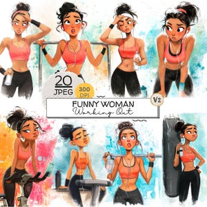 May include: Watercolor illustrations of a woman working out, in various poses. She wears a pink sports bra, black leggings, and has her hair up. The images have a cartoon style with the text "Funny Woman Working Out".