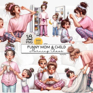 Funny Mom and Child Clipart Bundle, Morning Routine Mom Life PNGs, Cute Mother Daughter, Tired Mom Coffee, Family Cartoon, Sublimation