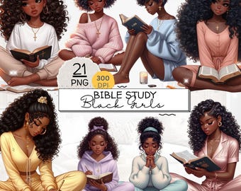 Black Girl Clipart for Prayer Journal & Bible Study Journal, Bible Cover, Black Girl Reading, Bible Study Guide, African American Clipart
