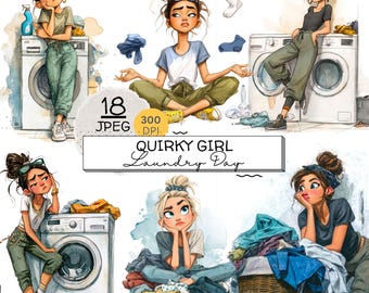 Quirky Laundry Day Girl Jpeg Clipart, Household Chores, Cleaning Time Clipart, Crafts, Projects, Scrapbook designs