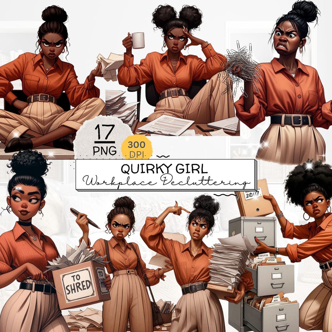 Quirky Office Girl Clipart Bundle, Workplace Decluttering PNG Set ...
