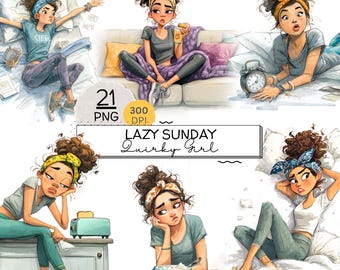 Lazy Sunday Girl Jpeg Clipart Bundle, Morning Routine clipart, Quirky Planner Girl, Crafts, Projects