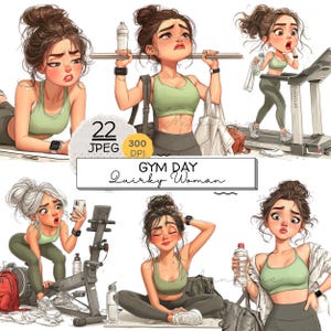 Pode incluir: Ilustrações digitais de uma mulher em vários cenários de ginásio. As imagens mostram-na a levantar pesos, a correr numa passadeira e a descansar. Ela está a usar um soutien desportivo e leggings verdes. O texto "Gym Day Quirky Woman" também está presente.