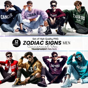 Men Zodiac Signs Clipart Bundle, Horoscope Signs PNG, Astrological Watercolor ClipArt, White American Men Zodiacs, Zodiac Sublimation PNG