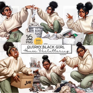 Quirky Black Girl House Decluttering Clipart Bundle, Sassy Cleaning Woman PNG Set, Funny Homemaker for Stickers, Planners & Sublimation