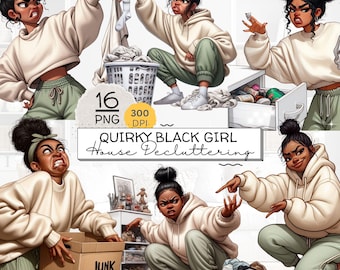 Quirky Black Girl House Decluttering Clipart Bundle, Sassy Cleaning Woman PNG Set, Funny Homemaker for Stickers, Planners & Sublimation