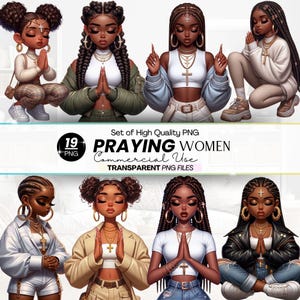 19 Black Girl Praying Clipart, Black Girl Clipart Bundle, African American women in Prayer, Planner Stickers, Faith Clipart, Sublimation PNG