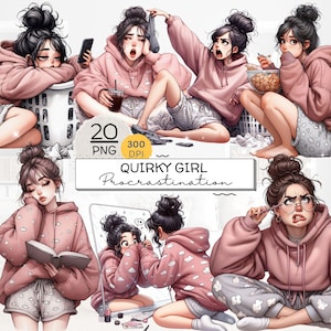 Quirky Girl Procrastination Clipart, Cozy Lazy Day, Funny Study Girl Clipart, Tired Girl, Stickers, Journals, Planners, DIY & Sublimation