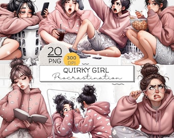 Quirky Girl Procrastination Clipart, Mysig Lata Dag, Rolig Studieflicka Clipart, Trött Flicka, Klistermärken, Dagböcker, Planerare, DIY & Sublimering