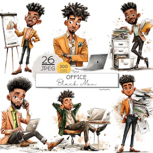 Puede incluir: Una colección de ilustraciones digitales de un hombre negro en una oficina, vistiendo blazers y camisas. Las imágenes lo muestran presentando gráficos, trabajando en una computadora portátil, organizando archivos y hablando por teléfono. Texto: 26 JPEG 300 DPI OFFICE Black Man.