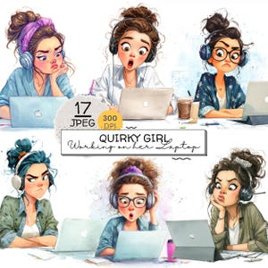 May include: Watercolor illustration of six women with headphones, working on laptops. The image includes the text "Quirky Girl Working on her Laptop", and details about the image file type and resolution.
