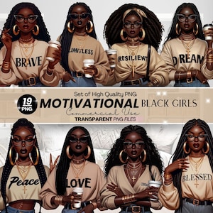 19 Black Girl Motivation clipart bundle, inspirational Fashionable Girl Graphics, afro girl clipart, denim girl clipart, black girl graphics