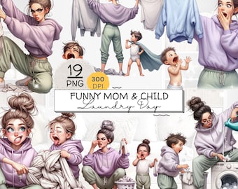 Imágenes prediseñadas divertidas del Día de la Colada para Mamá e Hijo, Madre e Hijo Lavando Ropa con Excentricidades, Imágenes prediseñadas de la Vida de Mamá, Lindas Ilustraciones Familiares Limpiando