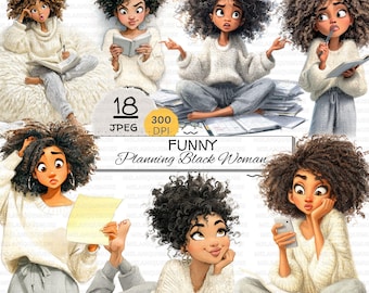 Peut inclure: Un collage d'art numérique présentant des illustrations d'une femme noire dans diverses poses, portant un pull blanc et un pantalon gris. Le texte "FUNNY Planning Black Woman" est visible. L'image comprend le texte "18 JPEG 300 DPI."