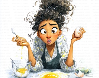 Paquete de imágenes prediseñadas JPEG de una mujer negra cocinando, caricatura divertida de una chef negra, cocina, manualidades y proyectos.