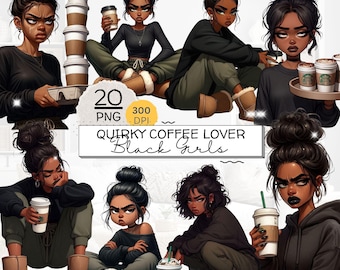 Quirky Coffee Lover Black Girl Clipart, Sassy Afrocentric Girl Coffee Cup PNGs, Funny Black Woman, Projects, Sublimation, Crafts