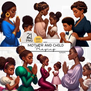 Mother and Child Praying, Black Girl Praying Clipart, Family Praying, Mother&#39;s Love, Black Girl Clipart, African American women in Prayer