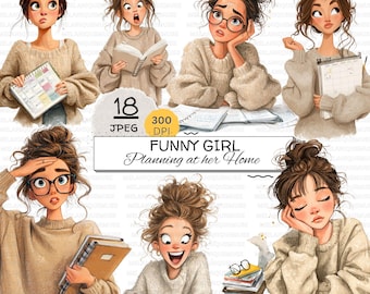 Quirky Girl Planner Clipart Bundle, Cozy Home Planning Illustrations JPEG for Crafts, Scrapbook Designs